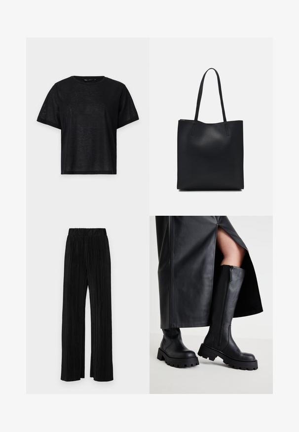 Fekete, rövid ujjú póló laza szabással, sima textúrával és kerek nyakkivágással. Könnyű anyag, finom fénylő hatással.; Fekete pliszírozott nadrág gumis derekkal. Széles lábakkal rendelkezik, sima, texturált anyagból készült, függőleges csíkokkal.; Fekete, térd fölé érő csizmák vastag talppal, sima bőrszerkezettel, oldalsó cipzárral és minimalista dizájnnal, egy hasított fekete szoknyával párosítva.; Fekete bőrtáska sima felszínnel, téglalap alakú, két hosszú füllel. Nincs látható fémkiegészítő vagy díszítés.