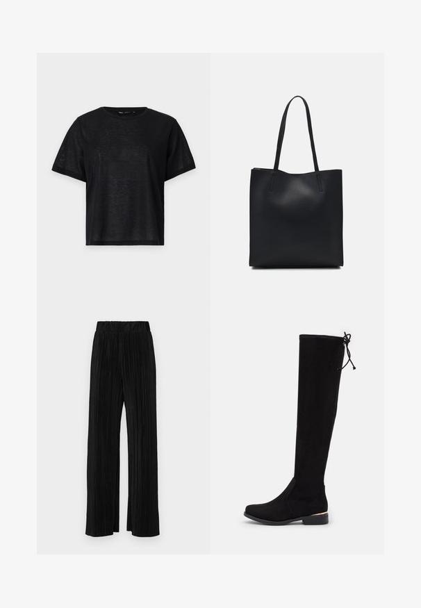 T-shirt nera a maniche corte con una vestibilità rilassata, caratterizzata da una texture liscia e un collo a giro. Tessuto leggero con una leggera lucentezza.; Pantaloni neri a plissé con vita elasticizzata. Presentano gamba ampia e un tessuto liscio e texture con strisce verticali.; Stivali neri sopra il ginocchio, realizzati in materiale morbido simile alla pelle scamosciata, con tacco flat, dettaglio alla caviglia e un sottile laccio in cima per la regolazione.; Borsa tote in pelle nera con texture liscia, forma rettangolare e due manici lunghi. Nessun hardware o decorazione visibile.