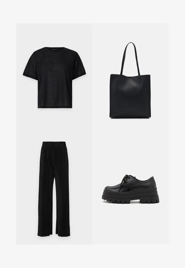 Black short-sleeve t-shirt with a relaxed fit, featuring a smooth texture and a crew neckline. Lightweight fabric with a subtle sheen.; Black pleated trousers with an elastic waistband. Features wide legs and a smooth, textured fabric with vertical stripes.; Even&Odd Lace-ups - black; Black leather tote bag with smooth texture, rectangular shape, and two long handles. No visible hardware or embellishments.