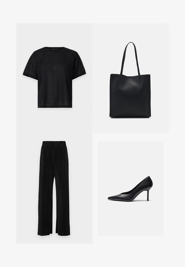 Black short-sleeve t-shirt with a relaxed fit, featuring a smooth texture and a crew neckline. Lightweight fabric with a subtle sheen.; Black pleated trousers with an elastic waistband. Features wide legs and a smooth, textured fabric with vertical stripes.; Black leather high heel pump with a pointed toe and a slender stiletto heel, featuring a smooth texture and minimal design.; Black leather tote bag with smooth texture, rectangular shape, and two long handles. No visible hardware or embellishments.