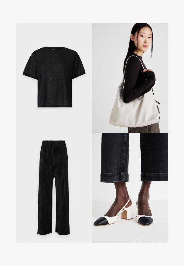 Black short-sleeve t-shirt with a relaxed fit, featuring a smooth texture and a crew neckline. Lightweight fabric with a subtle sheen.; Black pleated trousers with an elastic waistband. Features wide legs and a smooth, textured fabric with vertical stripes.; White and black block-heeled slingback shoes with a pointed toe, smooth leather material, and contrast color detailing on the toe cap.; Beige handbag made of soft material, featuring a slouchy design, stitched detailing, and two shoulder straps. Suitable for everyday use.