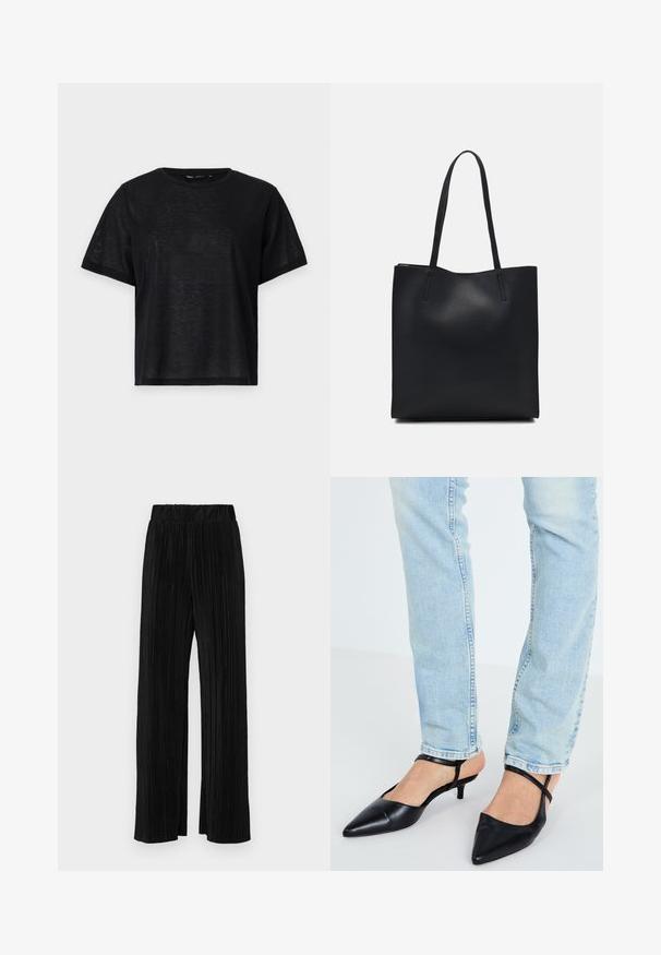 Black short-sleeve t-shirt with a relaxed fit, featuring a smooth texture and a crew neckline. Lightweight fabric with a subtle sheen.; Black pleated trousers with an elastic waistband. Features wide legs and a smooth, textured fabric with vertical stripes.; Black leather pointy-toed slingback heels with a low kitten heel and strap around the ankle, paired with light blue jeans.; Black leather tote bag with smooth texture, rectangular shape, and two long handles. No visible hardware or embellishments.