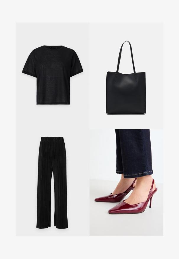 Melnas īsā piedurkņu T-kreklis ar brīvu piegriezumu, ar gludu tekstūru un apaļu kakla izgriezumu. Viegls audums ar smalku spīdumu.; Melni plīšu bikses ar elastīgu jostu. Tām ir platākas kājas un gluda, teksturēta auduma ar vertikālām svītrām.; Burgundijas patenta ādas augstpapēžu kurpes ar smailu purngalu un plānu stiletto papēdi, ar atvērtu aizmuguri un minimālistisku dizainu.; Melnas ādas somiņa ar gludu tekstūru, taisnstūra formu un divām garām rokturiem. Nav redzamu aparatūras vai rotājumu.