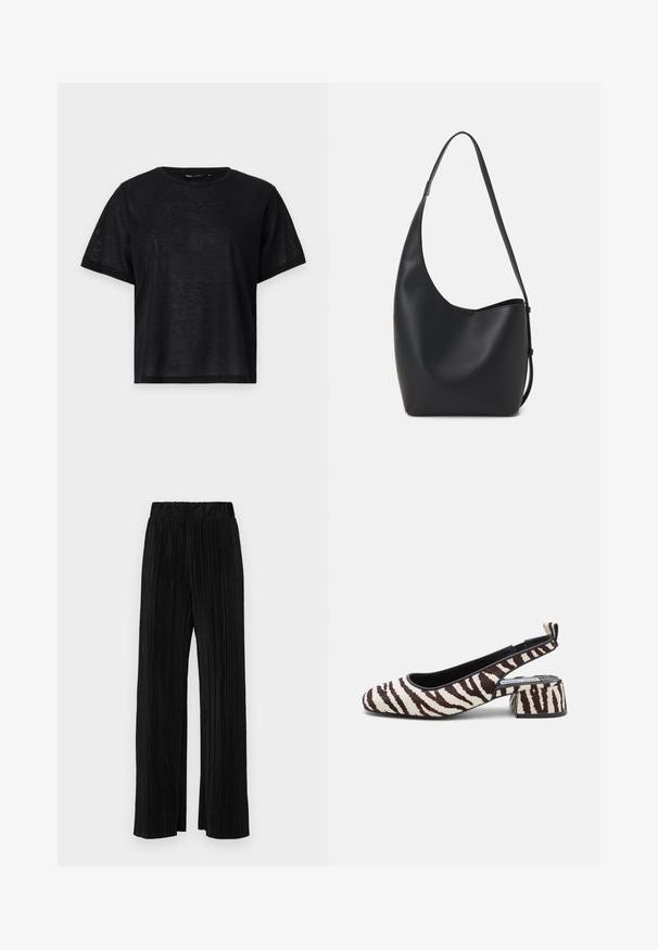 Melnas īsā piedurkņu T-kreklis ar brīvu piegriezumu, ar gludu tekstūru un apaļu kakla izgriezumu. Viegls audums ar smalku spīdumu.; Melni plīšu bikses ar elastīgu jostu. Tām ir platākas kājas un gluda, teksturēta auduma ar vertikālām svītrām.; Zebras raksts melnā un krēmkrāsā, kuras izgatavotas no mīksta materiāla, ar kvadrātu purngalu un masīvu papēdi stabilitātei.; Melnas ādas hobo soma ar gludu tekstūru, izliekta forma un vienu regulējamu jostu; augšā ir plaša atvere.