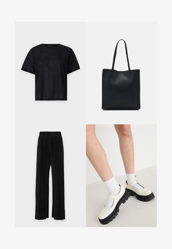 Black short-sleeve t-shirt with a relaxed fit, featuring a smooth texture and a crew neckline. Lightweight fabric with a subtle sheen.; Black pleated trousers with an elastic waistband. Features wide legs and a smooth, textured fabric with vertical stripes.; White patent leather Mary Jane shoes with a chunky black sole, featuring a strap across the instep and worn with white socks.; Black leather tote bag with smooth texture, rectangular shape, and two long handles. No visible hardware or embellishments.