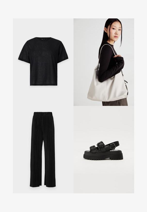 T-shirt preto de manga curta com um corte descontraído, apresentando uma textura suave e um decote redondo. Tecido leve com um brilho subtil.; Calças pregueadas pretas com uma cintura elástica. Apresentam pernas largas e um tecido liso, texturizado com riscas verticais.; Sandálias plataforma pretas com três correias ajustáveis por fivela, uma sola texturizada e um cabedal liso. Concebidas com uma silhueta robusta e grossa.; Uma bolsa bege feita de material macio, com um design descontraído, detalhes de costura e duas alças para o ombro. Adequada para uso diário.