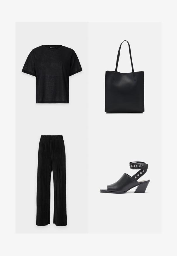 Black short-sleeve t-shirt with a relaxed fit, featuring a smooth texture and a crew neckline. Lightweight fabric with a subtle sheen.; Black pleated trousers with an elastic waistband. Features wide legs and a smooth, textured fabric with vertical stripes.; Open-toe black leather heeled sandal with ankle strap, featuring a buckle closure and silver stud accents on the strap, with a block heel.; Black leather tote bag with smooth texture, rectangular shape, and two long handles. No visible hardware or embellishments.