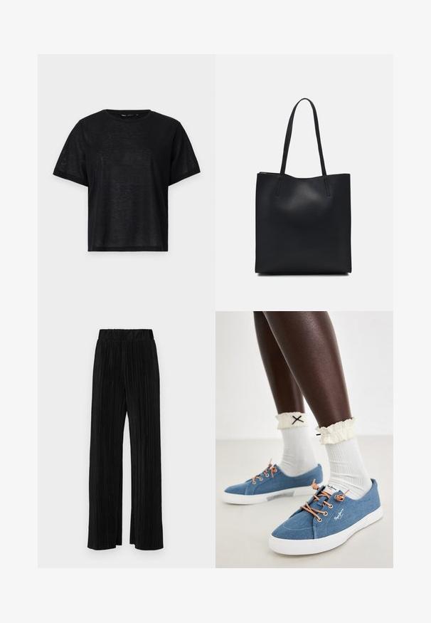 T-shirt preto de manga curta com um corte descontraído, apresentando uma textura suave e um decote redondo. Tecido leve com um brilho subtil.; Calças pregueadas pretas com uma cintura elástica. Apresentam pernas largas e um tecido liso, texturizado com riscas verticais.; Ténis de lona azuis com solas de borracha brancas, atacadores castanhos e logótipo. Usados com meias brancas caneladas até ao joelho e punhos de creme felpudos.; Bolsa tote preta em couro com textura lisa, forma retangular e duas alças longas. Sem hardware ou enfeites visíveis.