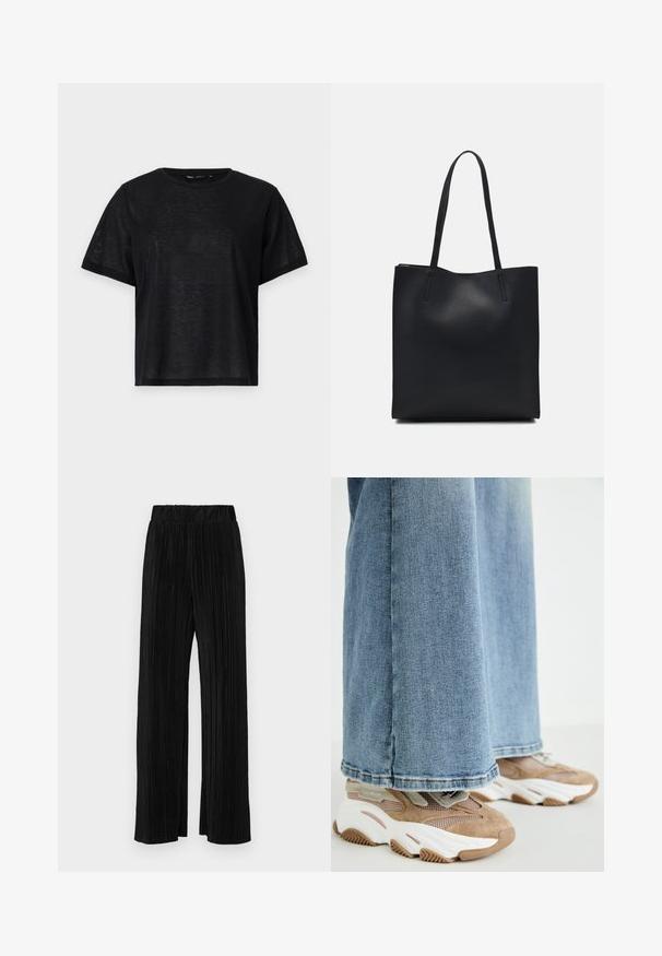 Fekete, rövid ujjú póló laza szabással, sima textúrával és kerek nyakkivágással. Könnyű anyag, finom fénylő hatással.; Fekete pliszírozott nadrág gumis derekkal. Széles lábakkal rendelkezik, sima, texturált anyagból készült, függőleges csíkokkal.; Steve Madden POSSESSIONE - Sportcipő - oatmeal; Fekete bőrtáska sima felszínnel, téglalap alakú, két hosszú füllel. Nincs látható fémkiegészítő vagy díszítés.