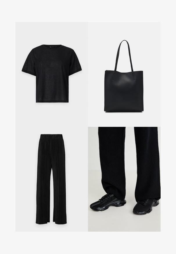 Zwart t-shirt met korte mouwen en een relaxte pasvorm, voorzien van een gladde textuur en een ronde hals. Lichtgewicht stof met een subtiele glans.; Zwarte geplooide broek met een elastische tailleband. Beschikt over wijde pijpen en een glad, gestructureerd stof met verticale strepen.; Zwarte sneakers met een gestructureerde gebreide bovenkant, slanke vorm en glanzende zwarte zool, met subtiele reflecterende accenten en een veterontwerp.; Zwarte leren handtas met een gladde textuur, rechthoekige vorm en twee lange handvaten. Geen zichtbare hardware of versieringen.