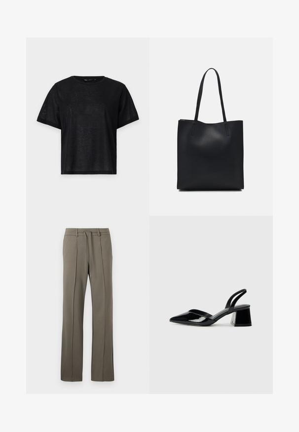 Zwart t-shirt met korte mouwen en een relaxte pasvorm, voorzien van een gladde textuur en een ronde hals. Lichtgewicht stof met een subtiele glans.; Khaki broeken met een rechte pijpdesign, een trekkoord taille en twee plooien aan de voorkant. Gemaakt van een zachte, gestructureerde stof.; Zwarte gepatineerde leren slingback hakken met een spitse neus en een geometrische blokhak. Kenmerkt zich door een slank, minimalistisch ontwerp en een gladde textuur.; Zwarte leren handtas met een gladde textuur, rechthoekige vorm en twee lange handvaten. Geen zichtbare hardware of versieringen.