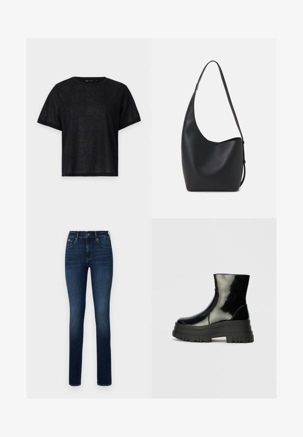 Fekete, rövid ujjú póló laza szabással, sima textúrával és kerek nyakkivágással. Könnyű anyag, finom fénylő hatással.; Sötétkék farmernadrág, egyenes szárú fazonnal, öt zsebes kialakítással és gombos záródással a deréknál.; Fekete fényes boka csizma vastag bordázott talppal és kerek orral, oldalnézet világos szürke háttér előtt.; Fekete bőr hobo táska sima textúrával, ívelt formával és egyetlen állítható pánttal; széles nyílás található a tetején.