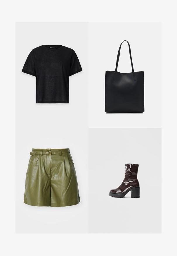 Melnas īsā piedurkņu T-kreklis ar brīvu piegriezumu, ar gludu tekstūru un apaļu kakla izgriezumu. Viegls audums ar smalku spīdumu.; Zaļas ādas šortus ar jostu, kroku un matētu struktūru. Iekļauj zelta sprādzi un sānu kabatas papildus detaļām.; Spīdīgas bordo potīšu botītes ar masīlu melnu papēdi, kurām ir gluda tekstūra un vienkāršs dizains. Nav redzamu aizdari vai rakstu.; Melnas ādas somiņa ar gludu tekstūru, taisnstūra formu un divām garām rokturiem. Nav redzamu aparatūras vai rotājumu.