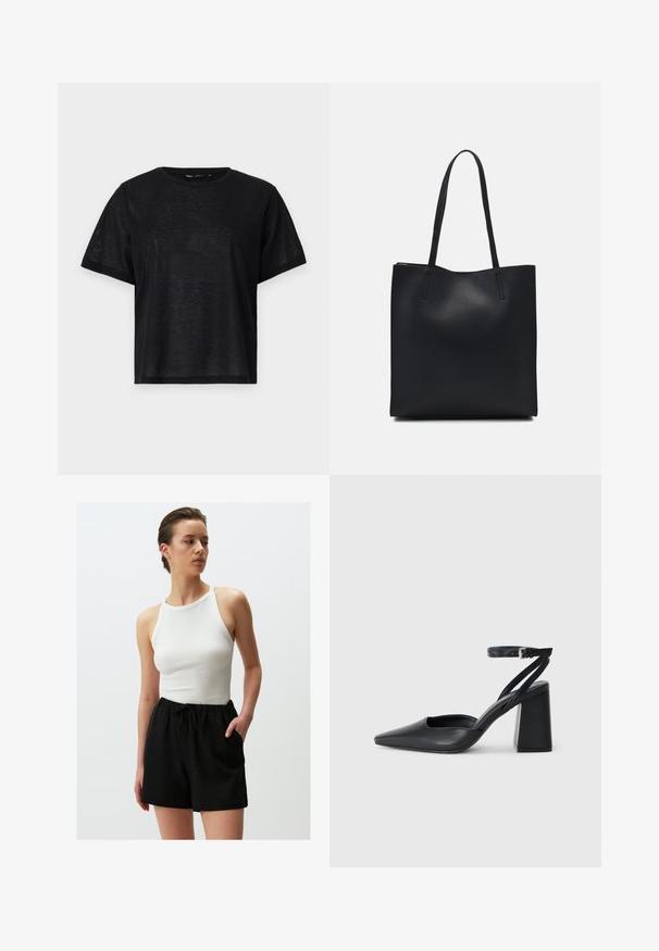 T-shirt nera a maniche corte con una vestibilità rilassata, caratterizzata da una texture liscia e un collo a giro. Tessuto leggero con una leggera lucentezza.; Jimmy Key WITH TIE WAIST - Pantaloni sportivi - black; Pump in pelle nera con punta affusolata, cinturino alla caviglia e tacco spesso. Texture piatta, design elegante ed estetica minimalista.; Borsa tote in pelle nera con texture liscia, forma rettangolare e due manici lunghi. Nessun hardware o decorazione visibile.