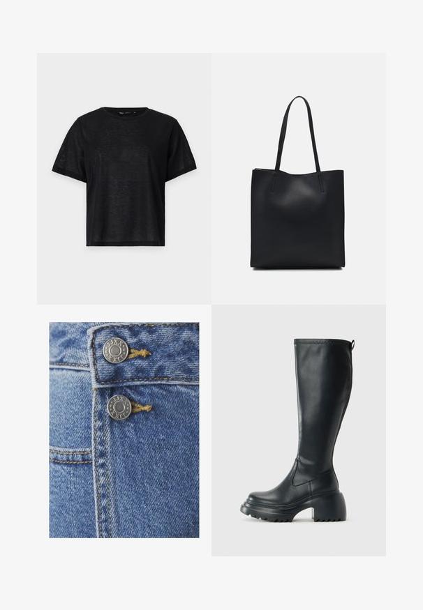 T-shirt preto de manga curta com um corte descontraído, apresentando uma textura suave e um decote redondo. Tecido leve com um brilho subtil.; Calças de ganga azuis com dois botões de metal prateados na cintura, costura amarela e um close-up do tecido texturizado.; Bota preta de couro alta com sola de plataforma robusta e salto bloco, apresentando puxador e padrão texturizado na sola.; Bolsa tote preta em couro com textura lisa, forma retangular e duas alças longas. Sem hardware ou enfeites visíveis.