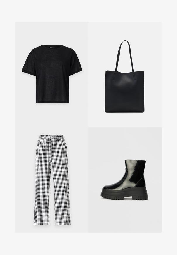 Fekete, rövid ujjú póló laza szabással, sima textúrával és kerek nyakkivágással. Könnyű anyag, finom fénylő hatással.; Fekete-fehér kockás mintájú nadrág, amely laza szabású, rugalmas derékkal és húzózsinórral rendelkezik. Az anyag sima tapintású.; Fekete fényes boka csizma vastag bordázott talppal és kerek orral, oldalnézet világos szürke háttér előtt.; Fekete bőrtáska sima felszínnel, téglalap alakú, két hosszú füllel. Nincs látható fémkiegészítő vagy díszítés.