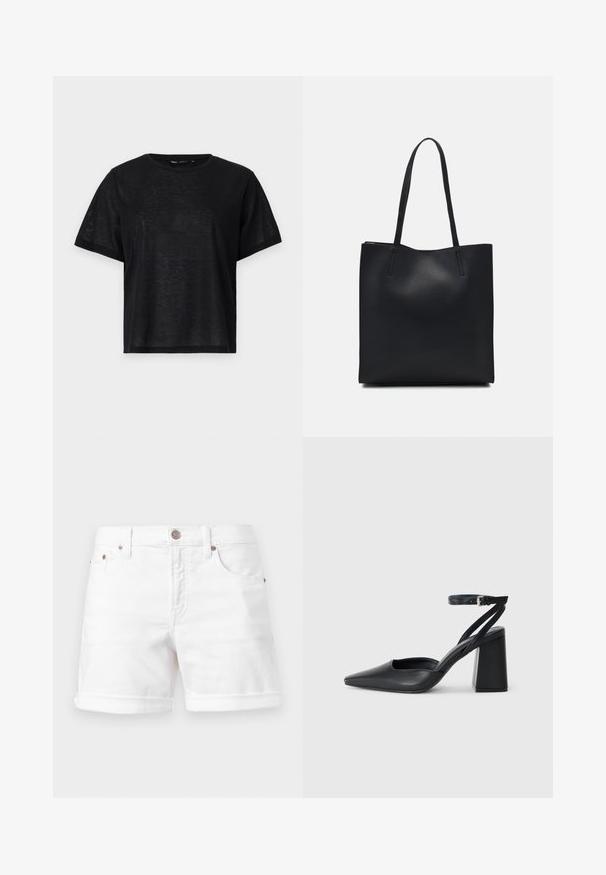 Black short-sleeve t-shirt with a relaxed fit, featuring a smooth texture and a crew neckline. Lightweight fabric with a subtle sheen.; White denim shorts with a cuffed hem, five-pocket design, and a button closure. Features metal hardware and smooth texture.; Black leather pointy-toe pump with an ankle strap and a chunky heel. Flat texture, sleek design, and minimalistic aesthetics.; Black leather tote bag with smooth texture, rectangular shape, and two long handles. No visible hardware or embellishments.