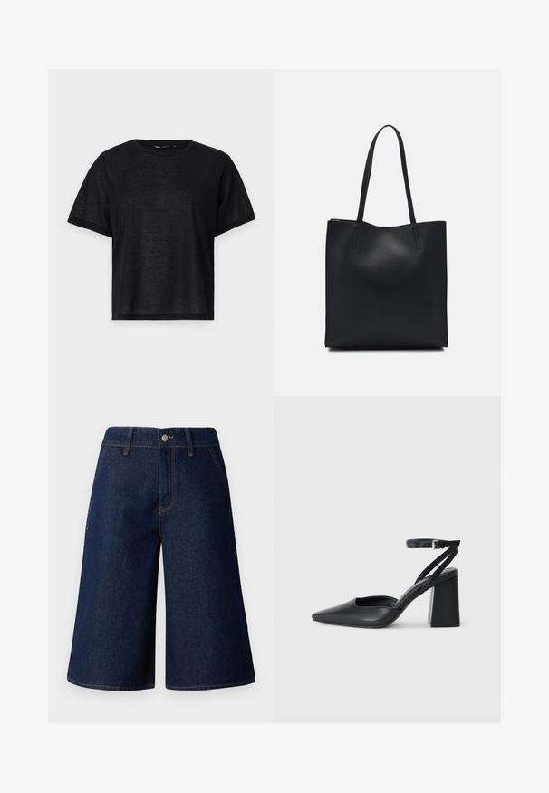 Fekete, rövid ujjú póló laza szabással, sima textúrával és kerek nyakkivágással. Könnyű anyag, finom fénylő hatással.; Sötétkék, laza szabású farmer culottes. Elöl zsebekkel, gombos záródással és kontrasztos sárga varrással a varratok mentén.; Fekete bőr, hegyes orrú magassarkú cipő boka pánttal és vastag sarokkal. Sima textúra, elegáns dizájn és minimális esztétika.; Fekete bőrtáska sima felszínnel, téglalap alakú, két hosszú füllel. Nincs látható fémkiegészítő vagy díszítés.