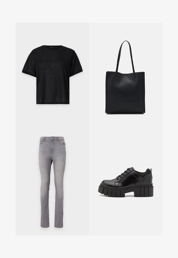 T-shirt preto de manga curta com um corte descontraído, apresentando uma textura suave e um decote redondo. Tecido leve com um brilho subtil.; Calças de ganga cinzentas com um corte de perna reta, design de cinco bolsos e um fecho clássico de botão e zipper. Textura suave com desbotamento subtil.; Sapatos de plataforma em couro preto com um salto bloco robusto, bico redondo e design clássico de atacadores. Apresentam uma textura suave e detalhes mínimos.; Bolsa tote preta em couro com textura lisa, forma retangular e duas alças longas. Sem hardware ou enfeites visíveis.