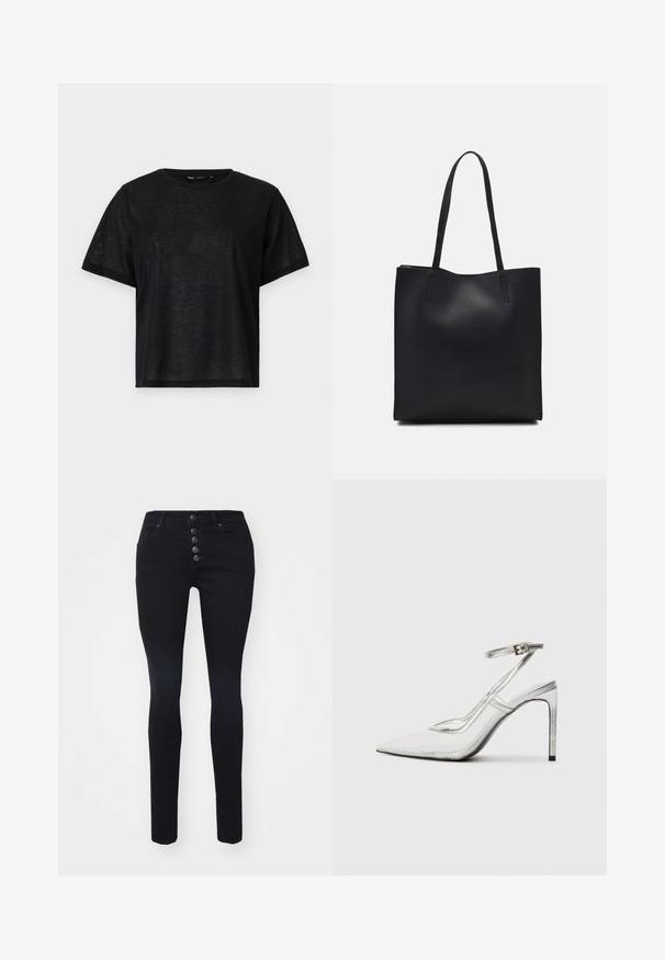 Fekete, rövid ujjú póló laza szabással, sima textúrával és kerek nyakkivágással. Könnyű anyag, finom fénylő hatással.; Fekete, skinny fazonú farmernadrág magas derékkal, öt gombos záródással és két elülső zsebbel. Simább denim textúrájú, látható minták vagy díszítések nélkül.; Áttetsző anyagú, hegyes orrú, tiszta stiletto sarokcipő, fémes ezüst díszítéssel és állítható bokahevederrel.; Fekete bőrtáska sima felszínnel, téglalap alakú, két hosszú füllel. Nincs látható fémkiegészítő vagy díszítés.