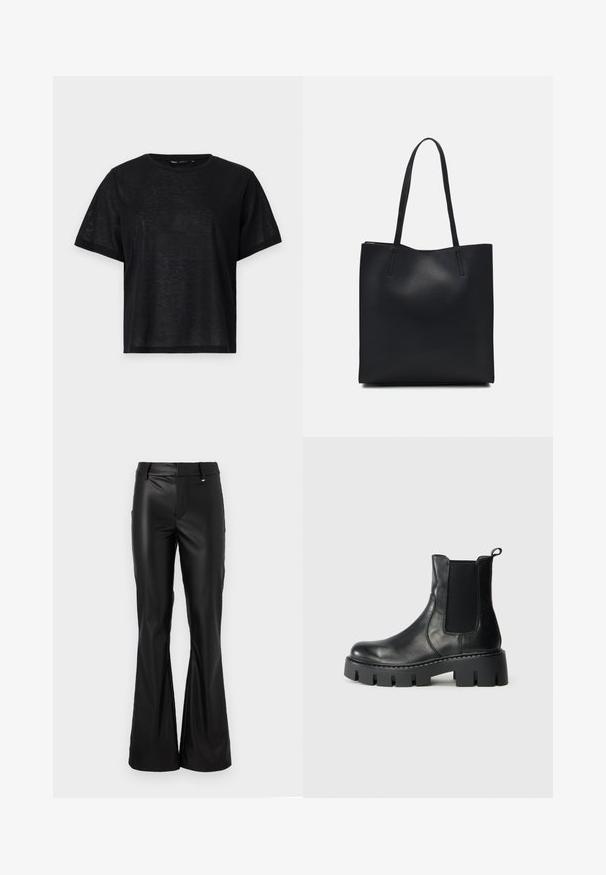 Tricou negru cu mânecă scurtă, cu o croială lejeră, având o textură netedă și un decolteu rotund. Material ușor cu un luciu subtil.; Pantaloni negri evazați, confecționați dintr-o piele ecologică netedă și lucioasă, cu talie ajustată și bucle pentru curea. Prezintă un design minimalist și linii curate.; Cizmă ankle din piele neagră, cu panouri laterale elastice, talpă groasă cu creneluri și tab latent pe fundal gri deschis, vedere laterală.; Geantă tote neagră din piele, cu textură netedă, formă rectangulară și două mânere lungi. Fără hardware vizibil sau ornamente.