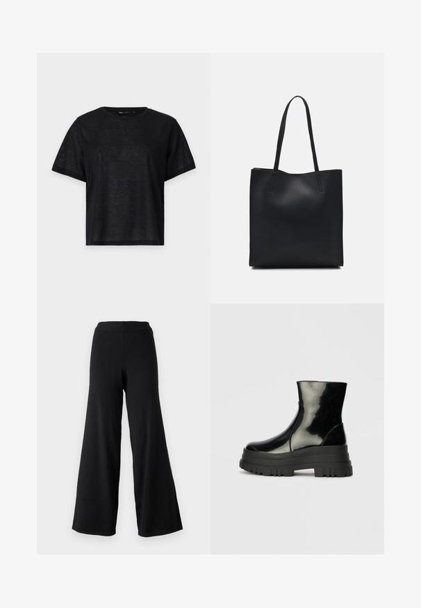 Fekete, rövid ujjú póló laza szabással, sima textúrával és kerek nyakkivágással. Könnyű anyag, finom fénylő hatással.; Fekete, széles lábú nadrág, puha tapintással, magas rugalmas derékpánttal és egyenes, folyékony vonalakkal, ideális kényelemhez és mozgáshoz.; Fekete fényes boka csizma vastag bordázott talppal és kerek orral, oldalnézet világos szürke háttér előtt.; Fekete bőrtáska sima felszínnel, téglalap alakú, két hosszú füllel. Nincs látható fémkiegészítő vagy díszítés.