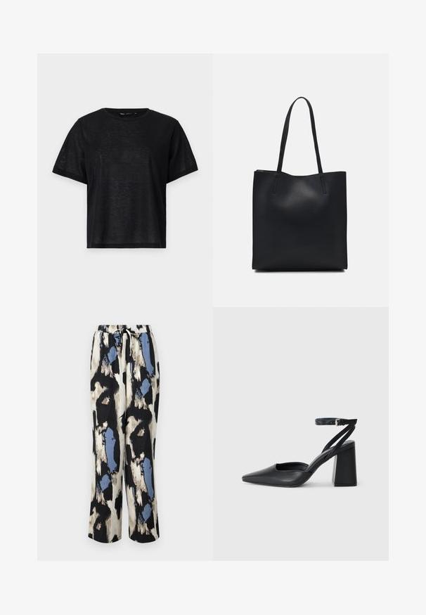 Black short-sleeve t-shirt with a relaxed fit, featuring a smooth texture and a crew neckline. Lightweight fabric with a subtle sheen.; Relaxed-fit, printed trousers in a blend of cream, black, and blue shades with a textured, abstract pattern. Features an elastic waistband with a drawstring.; Black leather pointy-toe pump with an ankle strap and a chunky heel. Flat texture, sleek design, and minimalistic aesthetics.; Black leather tote bag with smooth texture, rectangular shape, and two long handles. No visible hardware or embellishments.