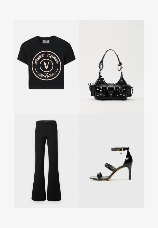 T-shirt preta de algodão com um grande logotipo circular bege, onde se lê "Versace Jeans Couture" e um "V" central em uma fonte elegante. Mangas curtas.; Calças pretas com boca de sino, feitas de um tecido suave, apresentando uma cintura alta e dois bolsos frontais com costuras laterais subtis para um detalhe adicional.; Sandal de couro envernizado preto com três tiras, fivela no tornozelo e salto agulha de 10 cm. Apresenta detalhes em hardware dourado e um charme com logotipo.; Bolsa de couro preta com um design curvado, apresentando tachas prateadas, uma fivela e dois bolsos laterais. Alça ajustável para opções de transporte.