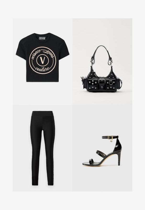 T-shirt preta de algodão com um grande logotipo circular bege, onde se lê "Versace Jeans Couture" e um "V" central em uma fonte elegante. Mangas curtas.; Leggings pretos com um tecido liso e elástico, cintura alta e um design justo. Apresenta-se sem padrões ou detalhes visíveis.; Sandal de couro envernizado preto com três tiras, fivela no tornozelo e salto agulha de 10 cm. Apresenta detalhes em hardware dourado e um charme com logotipo.; Bolsa de couro preta com um design curvado, apresentando tachas prateadas, uma fivela e dois bolsos laterais. Alça ajustável para opções de transporte.
