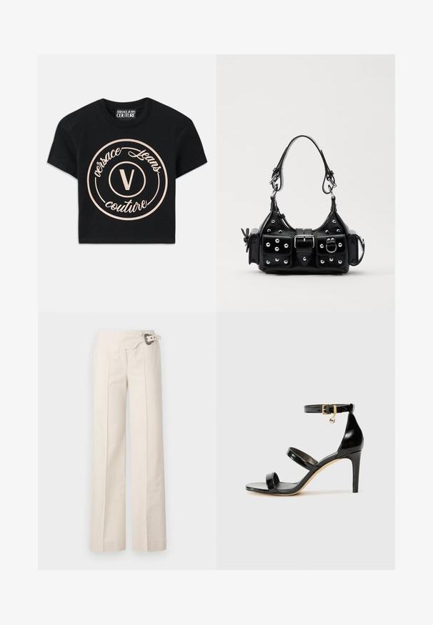 Black cotton t-shirt featuring a large beige circular logo with "Versace Jeans Couture" and a central "V" in an elegant font. Short sleeves.; Wide-leg trousers in cream fabric with a textured surface. Features side pleats and a decorative belt with a circular buckle accent.; Black patent leather sandal with three straps, ankle buckle, and 4-inch stiletto heel. Features gold hardware detail and logo charm.; Black leather handbag with a curved design, featuring silver studs, a buckle, and two side pockets. Adjustable strap for carrying options.