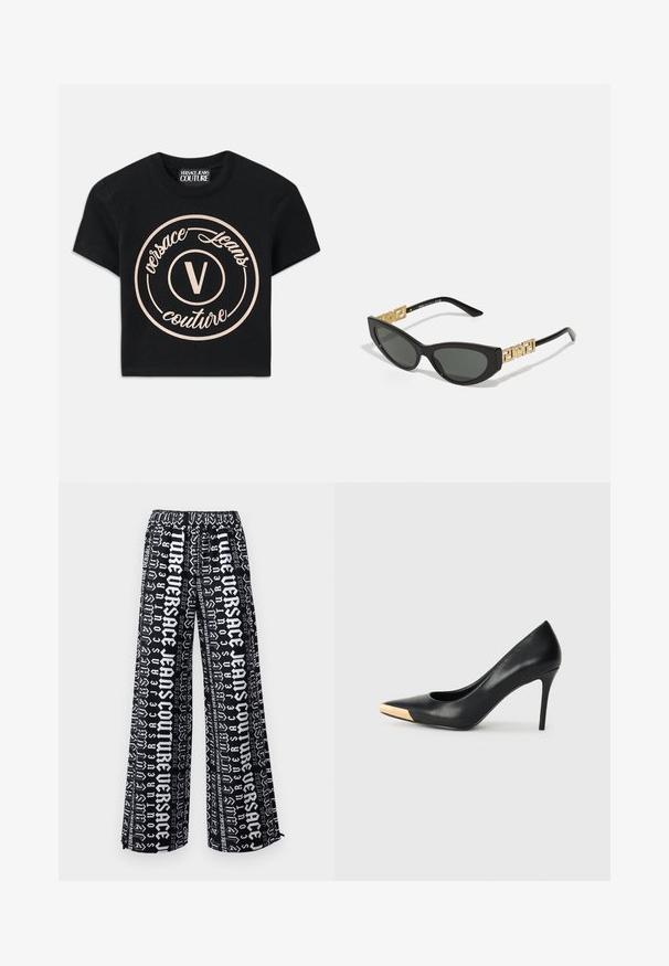 Juodas medvilnės marškinėliai su dideliu smėlio spalvos apvaliu logotipu, kuriame nurodyta "Versace Jeans Couture" ir centrinis elegantiškas „V“. Trumpomis rankovėmis.; Juodos plačių kojų kelnės su viso paviršiaus baltu grafikiniu raštu, kuriame yra įvairių teksto stilių ir dydžių. Elastinga juostos juosta, minkšta audinio tekstūra.; Juodas odinis aukštakulnis batelis su smailiu pirštu; turi metalinį auksinį akcentą ant pirštų guolio. Lygus paviršius su elegantišku dizainu.; Juodos katės akies formos saulės akinius su tamsiais objektyvais, puošiančiais auksiniai geometriniai akcentai ant šventyklų ir švelnus matinio paviršiaus apdorojimas.