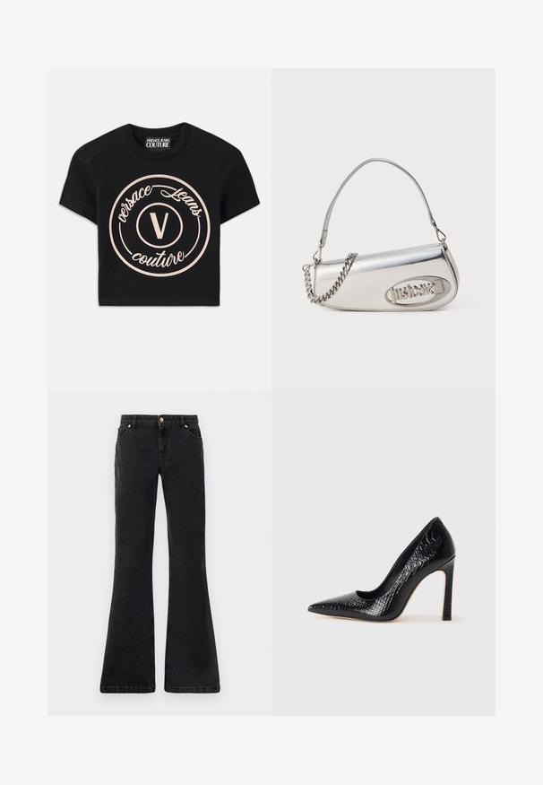 Fekete pamut póló, amelyen egy nagy bézs kör alakú logó található, rajta a "Versace Jeans Couture" felirattal és egy középső elegáns "V" betűvel. Rövid ujjú.; Fekete, bővülő farmernadrág öt zsebbel, első gombos záródással és kontrasztos varrással. Az anyag sima textúrájú.; Fekete hegyes orrú magassarkú cipő krokodilbőr textúrával, letisztult dizájnnal, magas tűsarkú és sima fekete belső résszel.; Ezüst fémes kézitáska lekerekített háromszög alakú, logóval, láncos pánttal és sima textúrával. Oldalán cipzáras záródás.