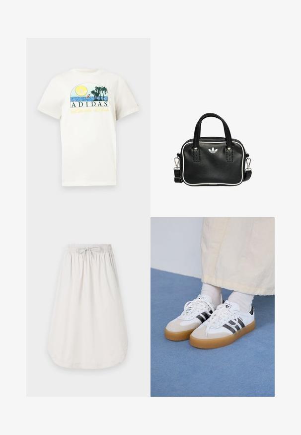 Bijela pamučna majica s grafičkim dizajnom na kojem su sunce, palme i voda. Ispisano "ADIDAS Sports Club" u zelenoj i žutoj boji.; New Balance Suknja A kroja - grey matter; Bjele tenisice s crnim prugama i bež suknjom. Imaju teksturiranu gumu potplat i ravne bijele vezice, nošene uz svijetle čarape.; Crna kožna torba s dva kratka ručka, srebrnim detaljima, bijelim naglascima i bijelim logotipom. Ima teksturiranu površinu i kompaktni dizajn.