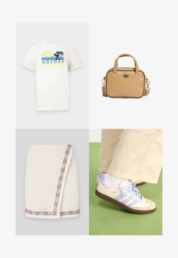 Camiseta de algodón blanca con un diseño gráfico que presenta un sol, palmeras y agua. "ADIDAS Sports Club" impreso en verde y amarillo.; Falda envolvente color crema con tejido texturizado, que presenta un borde decorado con formas geométricas en marrón y azul a lo largo de un lado.; Zapatillas de crema y lavanda con tres rayas y una suela marrón texturizada, que cuentan con cordones y un talón acolchado. Parte superior de tela suave.; Bolso de cuero vegano color tostado con dos asas, correa de hombro desmontable, costuras de acento negras y un pequeño logotipo negro en el frente.