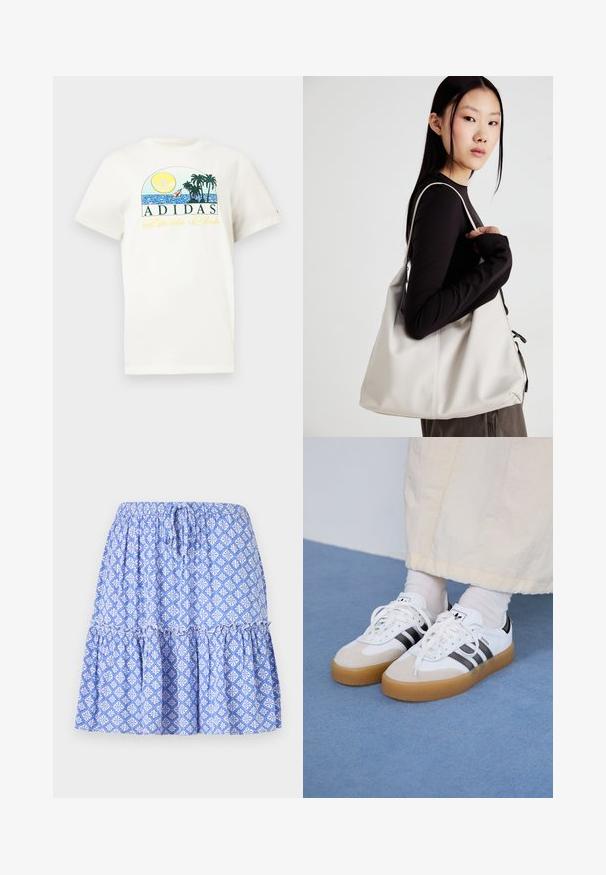 Valkoinen puuvillapaita, jossa on graafinen kuvitus auringosta, palmupuista ja vedestä. Teksti "ADIDAS Sports Club" painettuna vihreällä ja keltaisella.; Sininen kuvioitu hame, jossa on joustava vyötärö, kerroksellinen muotoilu ja valkoiset kukkakuviot. Valmistettu kevyestä kankaasta, jossa on pehmeä tekstuuri.; Valkoiset tennis kengät, joissa on mustia raitoja ja vaaleanruskeita mokka-yksityiskohtia. Varustettuna textuurilla varustetulla kumipohjalla ja tasaisilla valkoisilla kengännauhoilla, käytetään vaaleiden sukkien kanssa.; Beige laukku, joka on valmistettu pehmeästä materiaalista, ja siinä on rento muotoilu, ommeltu yksityiskohtia ja kaksi olkahihnaa. Sopii päivittäiseen käyttöön.