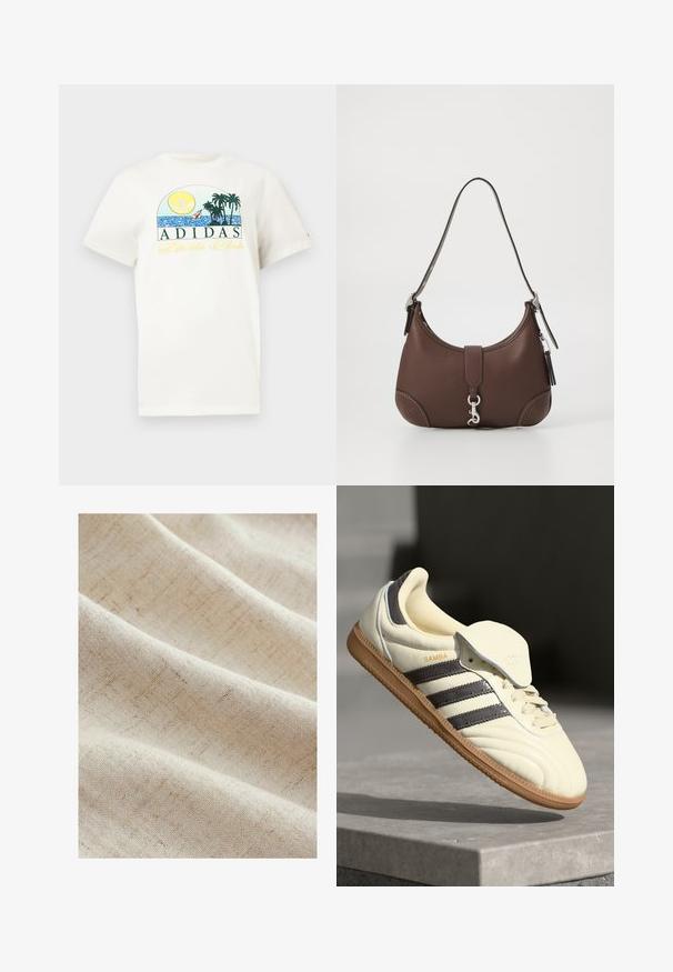 Witte katoenen t-shirt met een grafisch ontwerp van een zon, palmbomen en water. "ADIDAS Sports Club" gedrukt in groen en geel.; Lichtbeige stof met een subtiele textuur en vage lijnen, wat een zachte, geweven uitstraling creëert. Het valt soepel in zachte plooien.; Crème leren sneaker met drie donkere strepen, een bruine gumrubberen zool en een ronde neus. Voorzien van een opvouwbare tong met het label "SAMBA."; Bruine leren handtas met een ronde vorm, zilveren hardware en decoratieve stiksels. Beschikt over een schouderband en een klittenbandsluiting.