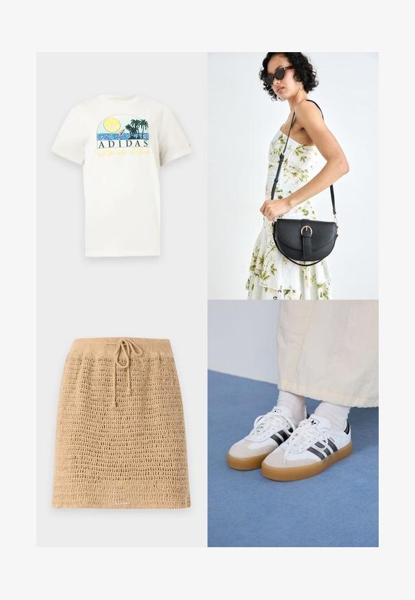 White cotton t-shirt featuring a graphic design with a sun, palm trees, and water. "ADIDAS Sports Club" printed in green and yellow.; Knit beige skirt with a textured, open weave design. Features a drawstring waist for adjustability. Hemline is straight.; White sneakers with black stripes and beige suede accents. Feature a textured gum sole and flat white laces, worn with light-colored socks.; Black leather handbag with a curved shape, detachable strap, and gold hardware. The bag features a flap with a buckle detail.