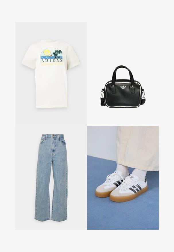 Bijela pamučna majica s grafičkim dizajnom na kojem su sunce, palme i voda. Ispisano "ADIDAS Sports Club" u zelenoj i žutoj boji.; Svijetloplave traperice širokog kroja s visokim strukom, prednjim gumbom, zatvaranjem na patentni zatvarač i dizajnom s pet džepova na praznoj pozadini.; Bjele tenisice s crnim prugama i bež suknjom. Imaju teksturiranu gumu potplat i ravne bijele vezice, nošene uz svijetle čarape.; Crna kožna torba s dva kratka ručka, srebrnim detaljima, bijelim naglascima i bijelim logotipom. Ima teksturiranu površinu i kompaktni dizajn.