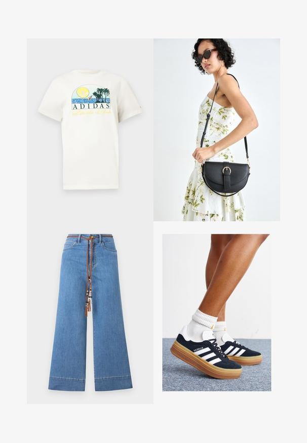 White cotton t-shirt featuring a graphic design with a sun, palm trees, and water. "ADIDAS Sports Club" printed in green and yellow.; Light blue wide-leg denim jeans with a braided brown drawstring waist, featuring decorative beads and a traditional five-pocket design.; Black suede sneakers with white stripes and accents, rounded toe, gum rubber outsole, paired with white ribbed crew socks.; Black leather handbag with a curved shape, detachable strap, and gold hardware. The bag features a flap with a buckle detail.