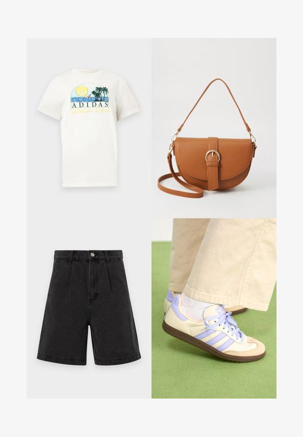 Hvit bomulls t-skjorte med grafisk design som viser en sol, palmer og vann. "ADIDAS Sports Club" trykket i grønt og gult.; Svarte denimshorts med høy midje, plisserte foran og oppbrettede kanter. Har metallknapp og glidelåslukking. Ensartet tekstur.; Kremfargede og lavendelfargede joggesko med tre striper og en teksturert brun såle, med lisser og en polstret hæl. Mykt stofføvre.; Brun lærcrossbody-veske med en buet form, gullhardware og et spenneakcent. Har en avtakbar skulderreim.