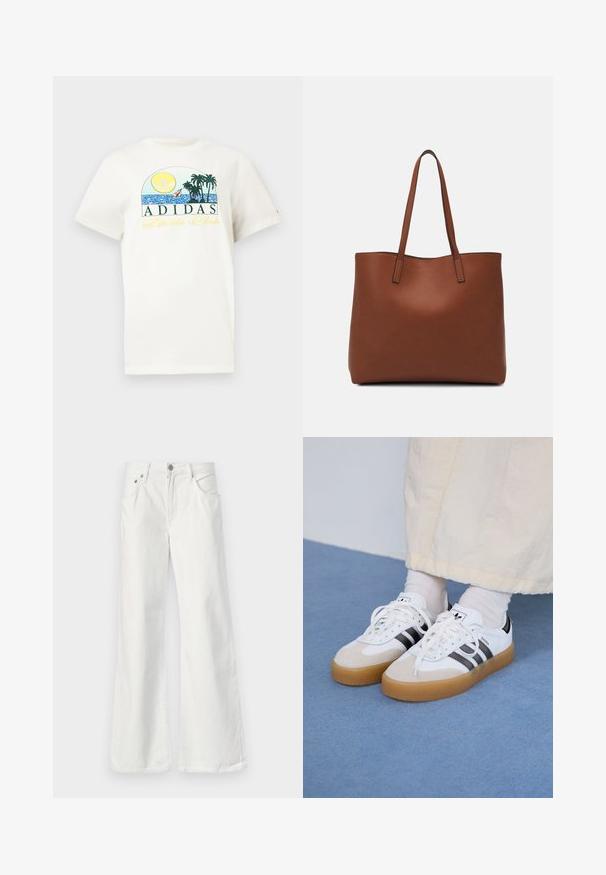 White cotton t-shirt featuring a graphic design with a sun, palm trees, and water. "ADIDAS Sports Club" printed in green and yellow.; White denim flared jeans with a high waist, five-pocket design, and visible stitching. Features metal button and zipper closure.; White sneakers with black stripes and beige suede accents. Feature a textured gum sole and flat white laces, worn with light-colored socks.; Brown leather tote bag with a smooth texture, open top design, and two shoulder straps. Features minimal stitching and no visible hardware.