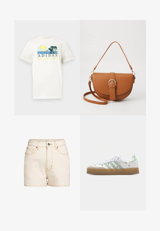 Hvit bomulls t-skjorte med grafisk design som viser en sol, palmer og vann. "ADIDAS Sports Club" trykket i grønt og gult.; Beige denimshorts med høy midje, med kontrasterende gult stikking, frontlommer og en merket metallknapp som lukking.; Hvit sneaker med grønne detaljer, tre striper, blomsterbroderi og gummisåle. Har en avrundet tå og snøring.; Brun lærcrossbody-veske med en buet form, gullhardware og et spenneakcent. Har en avtakbar skulderreim.