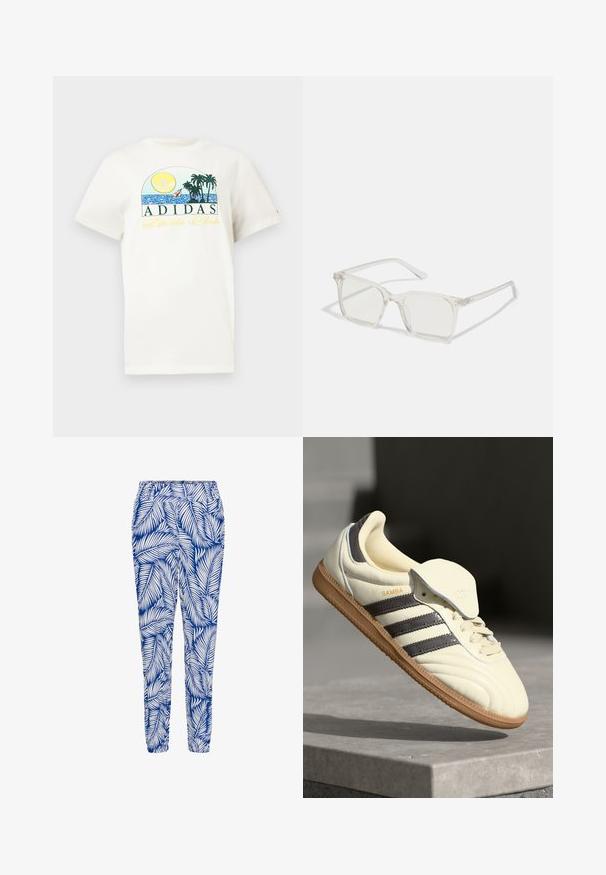 T-shirt di cotone bianco con un design grafico raffigurante un sole, palme e acqua. "ADIDAS Sports Club" stampato in verde e giallo.; Pantaloni azzurri e bianchi con motivo a foglia, con vita elastica e polsini affusolati, realizzati in tessuto leggero e traspirante.; Sneaker in pelle crema con tre strisce scure, suola in gomma marrone e punta arrotondata. Presenta una linguetta pieghevole etichettata "SAMBA".; Occhiali da sole quadrati in plastica trasparente con lenti traslucide, caratterizzati da dettagli in oro sulle tempie.
