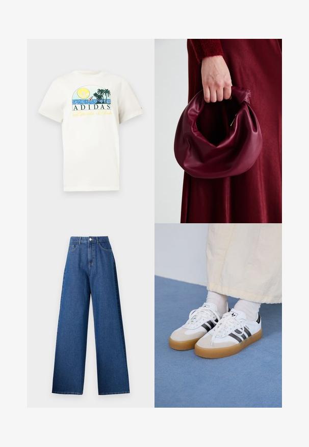 Λευκό βαμβακερό μπλουζάκι με γραφιστικό σχέδιο που περιλαμβάνει ήλιο, φοίνικες και νερό. Το "ADIDAS Sports Club" εκτυπωμένο σε πράσινο και κίτρινο χρώμα.; Φαρδιά τζιν παντελόνια σε σκούρο μπλε χρώμα, με ψηλή μέση, μπροστινή κλείσιμο με κουμπί και κλασικό σχέδιο πέντε τσέπες. Λείος υφής, χωρίς σχέδια.; Λευκά αθλητικά παπούτσια με μαύρες ρίγες και μπεζ σουέτ λεπτομέρειες. Διαθέτουν υφασμάτινη σόλα από καουτσούκ και επίπεδα λευκά κορδόνια, φορεμένα με ανοιχτόχρωμες κάλτσες.; Μαρέν δερμάτινη τσάντα χειρός με μαλακό, συγκεντρωμένο σχέδιο και στρογγυλό σχήμα. Η λαβή είναι ασφαλισμένη, παρουσιάζοντας μια λεία υφή.