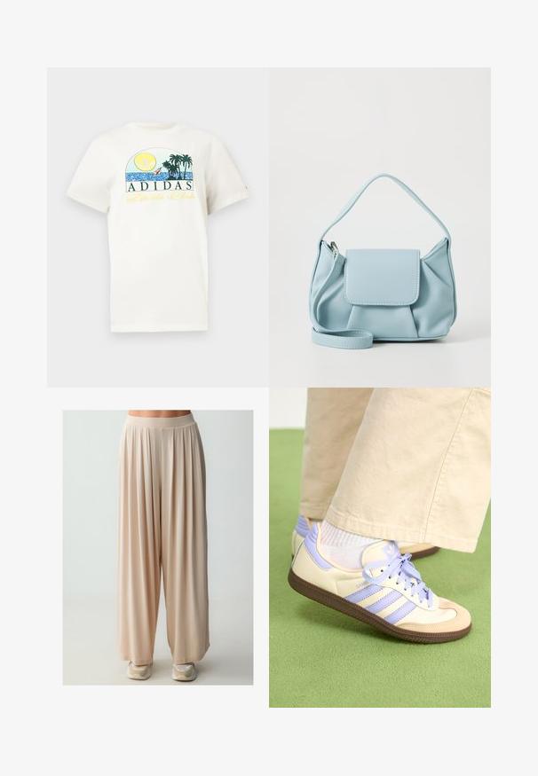 T-shirt di cotone bianco con un design grafico raffigurante un sole, palme e acqua. "ADIDAS Sports Club" stampato in verde e giallo.; Pantaloni beige a gamba larga con una morbida texture fluida e una comoda cintura elastica, caratterizzati da una vestibilità ampia e un drappeggio sottile.; Sneakers crema e lavanda con tre strisce e suola marrone texturizzata, dotati di lacci e tallone imbottito. Parte superiore in tessuto morbido.; Borsa a mano in pelle blu chiaro con manico superiore, tasca con pattina frontale e tracolla rimovibile su sfondo bianco.
