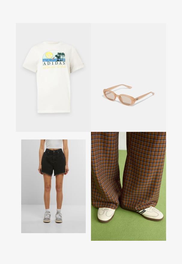 Witte katoenen t-shirt met een grafisch ontwerp van een zon, palmbomen en water. "ADIDAS Sports Club" gedrukt in groen en geel.; Zwarte denim shorts met een hoge taille, onafgewerkte zoom en zijzakken, gecombineerd met witte sneakers en enkelsokken.; Bruine en blauwe geruite wijde broek, gecombineerd met witte schoenen met zwarte accenten en een gestructureerde zool, gezet tegen een groene achtergrond.; Zonnebril met een transparante lichtbruine montuur, ovale lenzen en slanke pootjes met een subtiele ingek Graveerde logo. Matte afwerking met een minimalistisch ontwerp.; Zwarte leren handtas met gestructureerd ontwerp, dubbele handvatten aan de bovenkant, afneembare schouderband, gouden hardware en een logo charm accent.
