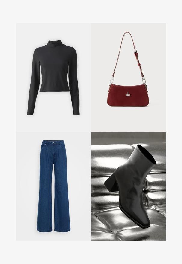 Melnas garām piedurknēm turtlenecks, izgatavots no mīksta, elastīga auduma. Fit, kas paredzēts, ar īsu garumu un gludu tekstūru.; Platas kājas zila denim bikses ar augstu jostasvietu, priekšējo pogu un slēgšanu ar rāvējslēdzēju, kā arī priekšējām un aizmugurējām kabatām uz vienkārša fona.; Melnas potītes kurpes, izgatavotas no spīdīga materiāla, ar kvadrātveida purngalu un konusveida papēdi, novietotas uz spīdīga sudraba izšūta fona.; Sarkans zamšs plecu soma ar izliekta formu. Iezīmēta ar sudraba toņa akcentu un regulējamu siksnu ar metāla detaļām. Gluda tekstūra.