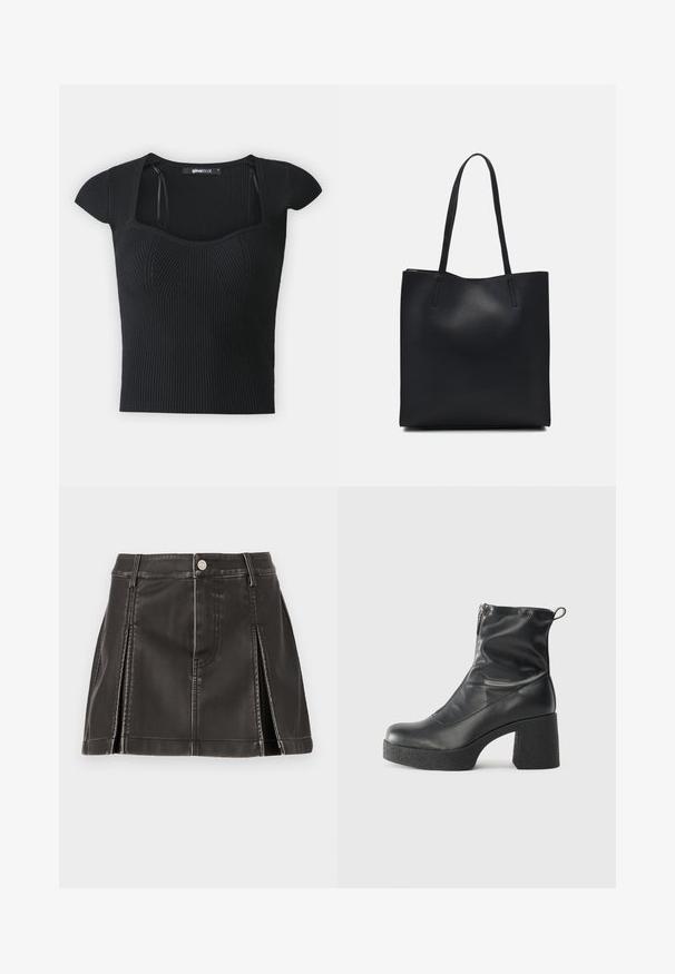 Fekete bordázott kötött felső rövid ujjakkal, négyzet alakú dekoltázzsal és texturált díszítéssel a test részen. Címke látható a gallér belső részén.; Fekete műbőr szoknya magas derékkal, varrott részletekkel és oldalsó redőkkel. Fém gombos zárás elöl.; Fekete bokacsizmák sima bőrből, oldalsó cipzárral, vastag, texturált sarkú és lekerekített orrú dizájnnal.; Fekete bőrtáska sima felszínnel, téglalap alakú, két hosszú füllel. Nincs látható fémkiegészítő vagy díszítés.