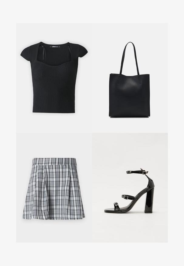 Μαύρο ριμπ πλεκτό μπλουζάκι με κοντά μανίκια, τετράγωνη λαιμόκοψη και υφή στη σάρκα. Ετικέτα ορατή μέσα από τον γιακά.; Πλαϊνές μίνι φούστες σε γκρι και άσπρο, με πτυχώσεις και ζώνη στην μέση. Φτιαγμένη από ελαφρύ ύφασμα, με κάθετες και οριζόντιες ρίγες.; Μαύρες πατέντες σανδάλια με τακούνι, τετράγωνη μύτη, ιμάντες αστραγάλου και ασημένιες πόρπες. Διαθέτουν χοντρό μπλοκ τακούνι για σταθερότητα.; Μαύρη δερμάτινη τσάντα tote με λείο υφή, ορθογώνιο σχήμα και δύο μακριές λαβές. Χωρίς ορατό υλικό ή διακοσμητικά στοιχεία.