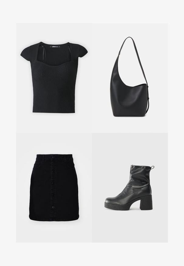 Fekete bordázott kötött felső rövid ujjakkal, négyzet alakú dekoltázzsal és texturált díszítéssel a test részen. Címke látható a gallér belső részén.; Fekete farmer szoknya elülső gombos záródással, két zsebbel, egyenes szabással és tiszta szegéssel. Tartós anyagból készült, sima tapintással.; Fekete bokacsizmák sima bőrből, oldalsó cipzárral, vastag, texturált sarkú és lekerekített orrú dizájnnal.; Fekete bőr hobo táska sima textúrával, ívelt formával és egyetlen állítható pánttal; széles nyílás található a tetején.